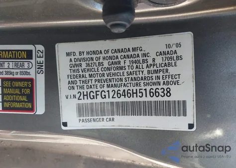 2006 Honda Civic Lx из США, поврежденный, VIN 2HGFG12646H516638